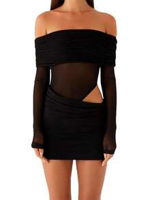 Women's Mini Solid Color One Neck Ruffles Embellished Strapless Slim Dress Dating Shopping Party Outing Vacation Dress Ruffles Pure Color Hollow Out Long Sleeve Backless Short Mesh One-Piece Dress For Party Clubs - Black - View 6