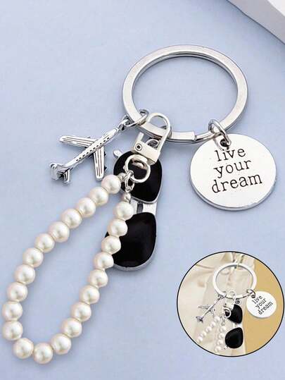 Airplane Sunglasses Pearl Pendant,Keychain With 'live Your Dream' Pilot Quote, Airplane And Sunglasses Travel Theme, Zinc Alloy Metal, Sporty Style Keychain, Unique Mobile Phoneaccessories, Simple Design, Suitablefor Women's Wallets And Mobile Phoneaccessories, Giving To Friends, Family,Girlfriends, Outdoor Accessories, Partyaccessories, Gifts, Souvenirs, Women's Bag Pendant, Car Pendant