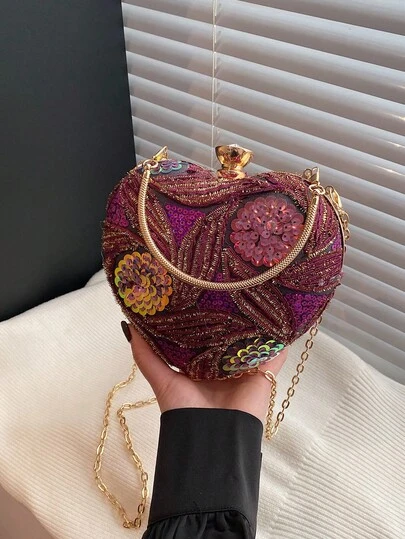 Bolso asimétrico de mano con parches de lentejuelas florales, bolso de mano con forma de corazón, decoración elegante de herrajes, para fiesta de noche, boda, vacaciones, bolso bandolera con cadena, monedero y estuche para lápiz labial