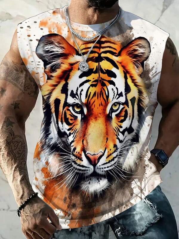 Plus Size Men's Street Style Polyester Tank Top With Cartoon Tiger Head Graphic, All Season Knit Fabric, Slightly Stretchy, Fitted Design