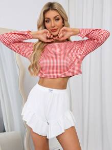 2Pcs Women Fashion Casual Cropped Top Colorblock Plaid Print & Ruffled Hem Shorts Set, Loungewear & Streetwear
