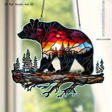 Mural de pared acrílico con diseño de oso al atardecer para colgar en la ventana, para dormitorio, jardín, atrapasol - Rojo - Ver 2