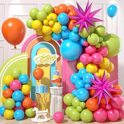 107 pièces Ensemble Guirlande de Ballons, Incluant Ballons de Latex Rose, Bleu, Jaune, Orange, Vert et Ballons Étoiles Explosantes en Feuille, Parfait pour Décorer Anniversaire, Fête Hawaïenne, Luau, Thème Arc-en-ciel
