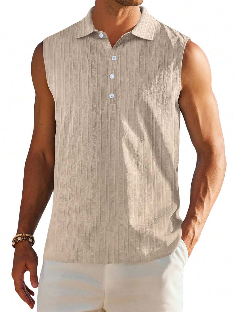 Mens Sleeveless Summer Shirts Beach Tank Tops Button Up Textured Tank Shirt For Vacation - Màu be - Xem 1
