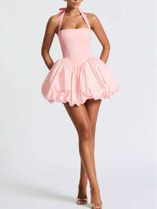 Women's Y2K Halter Corset Mini Dress Backless Corset Bubble Ruched Waist Club Party Dresses - 粉色 - 查看 5