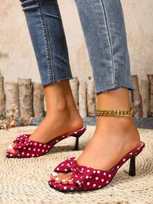 Spring/Summer Women's Square Toe High Heel Bowknot Dress Sandals, Sexy Open Toe Slide Sandals - Red and White - View 5