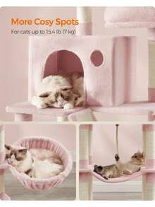 Cat Tree, 206 Cm Large Cat Tower With 13 Scratching Posts, 1 Scratching Ramp, 2 Perches, 2 Caves, Basket, Hammock, Pompoms, Multi-Level Plush Cat Condo For Indoor Cats, Jelly Pink