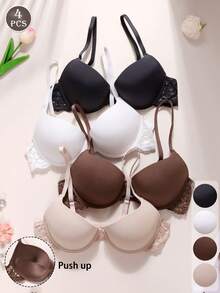 4pcs Women's Solid Color Lace Bras, Comfortable Fitted Bras, Lift & Enhance Bras - Multicolor - View 1