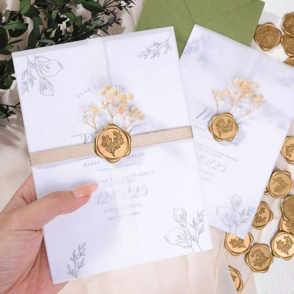 30 paquetes de fundas de velur plegadas previamente para invitaciones de 5x7, con 30 pegatinas de cera dorada, fundas de papel de velur de 5x7 - 115 g/m² fundas para invitaciones de boda de velur transparente, paquete de tarjetas de regalo