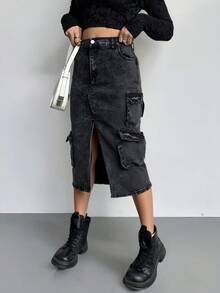 FALDA DE MEZCLIILA CON BOLSA DE CARGO  Animal    Bohemio  Casual  Elegante  Sexy  Dulce  Fiesta    PET    Volante    Playa    verano - Negro - Ver 4