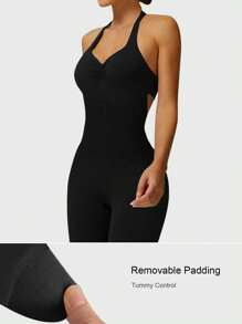 Aaseow 1 pieza Mono sin espalda con cuello de halter y diseño que estrecha la cintura y levanta el trasero para mujer, pantalones deportivos de yoga cómodos y amigables con la piel