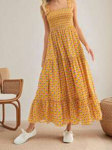 Women Floral Tank Dress Smocked Square Neck Sleeveless Backless A-Line Long Tiered Ruffle Dress With Pockets - 黃色 - 查看 4