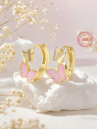 Artepollo 1 Pair 925 Sterling Silver Low-Allergy Pink Butterfly Children Earrings, Delicate & Adorable, Gift Box Packaging. Birthday Gift For Young Girls & Friends