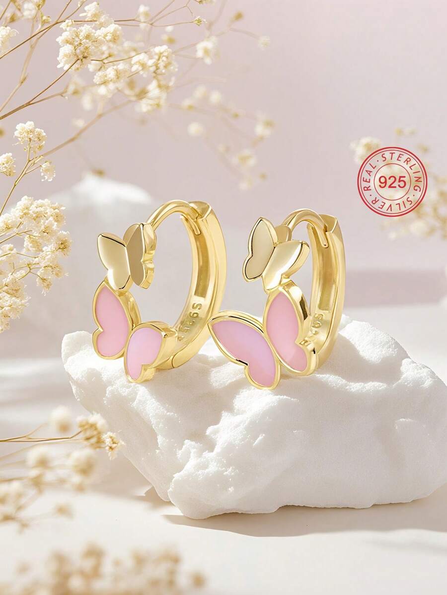 Artepollo 1 Pair 925 Sterling Silver Low-Allergy Pink Butterfly Children Earrings, Delicate & Adorable, Gift Box Packaging. Birthday Gift For Young Girls & Friends