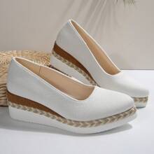 女式 5 厘米坡跟休闲办公室通勤一脚蹬尖头白色亚麻乐福鞋