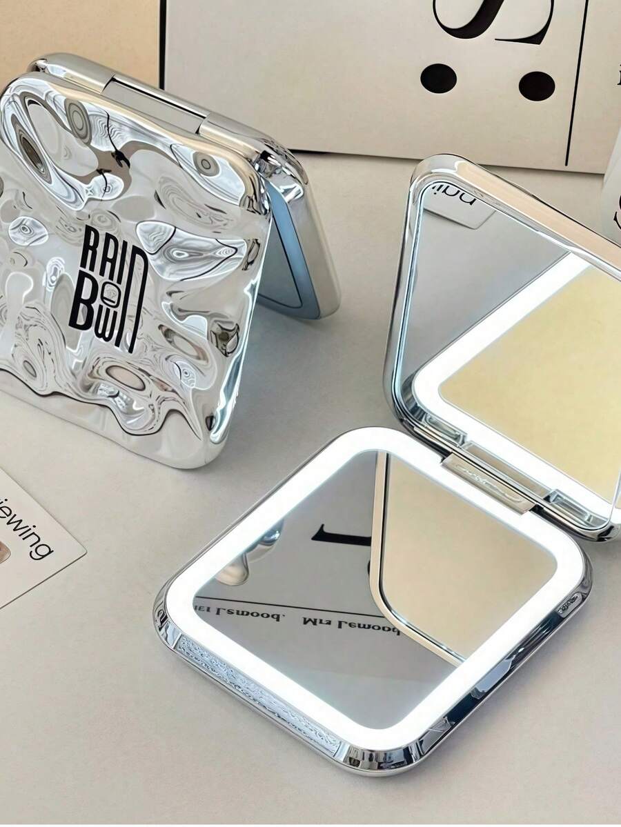 1pc Foldable Lighted Makeup Mirror - Portable Vanity Mirror With Lights, Suitable For Dressing Room, Bathroom, Travel | Cute Small Square Mirror (9x8cm) - Great For Women, Home Decor And Holiday Gifts