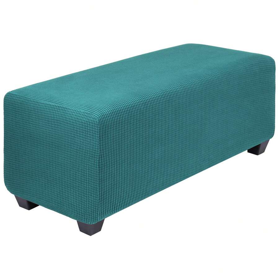 High Stretch Ottoman Cover With Elastic Bottom, Soft Slipcover Jacquard Fabric Small Checks Rectangle Storage Stool Cover Furniture Covers - 孔雀藍 - 查看 1