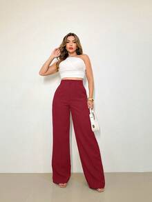 Women's Striped High Waist Wide Leg Trousers, Lightweight, Casual, Formal, Stylish And Elegant - 酒紅色 - 查看 3