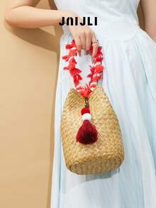 JNIJLI 1 件波西米亚风度假流苏手工草编水桶包、手提包、法式复古编织钱包，通勤、时尚商务休闲、旅行、海滩婚礼、野餐、度假、海滩等各种场合皆宜，是送给女性、母亲、教师、朋友、伴娘的最佳礼物，配有流苏吊饰