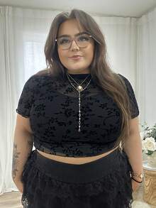 Hourglow Emily_louise_swain Plus Size Velvet Mesh Stand Collar T-Shirt, For Winter, For Hourglass Body Shape - Black - View 5