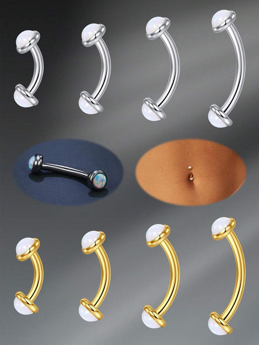 CIZME 1 件装肚脐穿孔首饰肚脐环肚脐杠铃钉，Y2K 不锈钢 14G 6/8/10/12 毫米肚脐穿孔肚脐穿孔首饰肚脐环，白色蛋白石肚脐环女士，银金肚脐杠铃钉身体穿孔 - Belly Button Rings - 查看 1