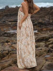 1 件花卉印花波西米亚风休闲优雅露背荷叶边系带针织长裙，适合返校派对、单身派对、海滩旅行、夏季 - 黃色 - 查看 3