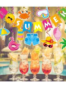 Set de decoración para fiesta de verano - 21 decoraciones para fiesta de playa y piscina, pancarta "Hola verano", colgante de playa y piscina, decoración en espiral con tema hawaiano, set de banderines en espiral de verano - Decoración para fiestas de cumpleaños, hogar, oficina y espacios al aire libre - Multicolor - Ver 4