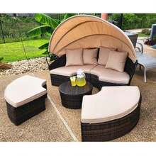 Outdoor Patio Round Daybed With Retractable Canopy, Brown Wicker Furniture Sectional Couch With Washable Cushions, Backyard, P - 1 - View 4