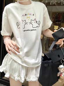 夏季新款女式可爱猫咪印花圆领休闲青少年短袖 T 恤 - 白色 - 查看 8