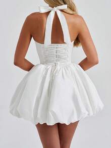 Women's Y2K Halter Corset Mini Dress Backless Corset Bubble Ruched Waist Club Party Dresses - trắng - Xem 4