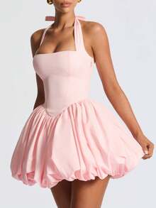 Women's Y2K Halter Corset Mini Dress Backless Corset Bubble Ruched Waist Club Party Dresses - 粉色 - 查看 2