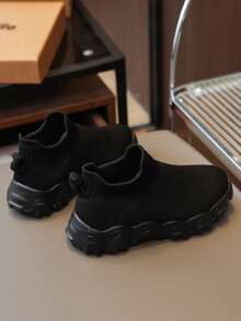 一双儿童简约透气运动鞋男童防臭舒适一脚蹬厚底运动鞋针织袜鞋休闲鞋 - 黑色 - 查看 5