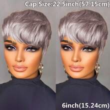 6英寸150%密度灰色短直发分层真人发假发，巴西雷米发，无需胶水，适合女性佩戴，适合派对和母亲节佩戴 - 灰色 - 查看 4