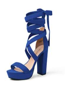 Women Minimalist Tie Leg Chunky Heeled Sandals, Fashion Faux Suede Sexy Open Toe Strappy Heeled Sandals For Party Wedding Prom  Summer Wearing - 寶藍色 - 查看 4