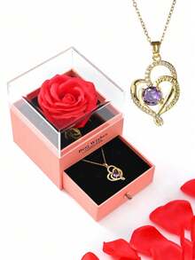 1 Set Artificial Rose Gift Box Necklace, "I Love You" In 100 Languages Necklace, Mother's Day, Valentine's Day Gift For Mom, Wife, Daughter, Grandma, Granddaughter