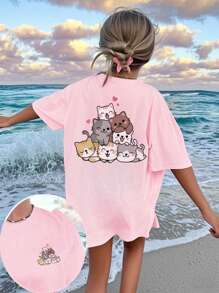 1pc Girls Casual Cat Print Crew Neck Short Sleeve T-Shirt, Summer Student Young Childrenswear - Cute Cat Group Artistic Style T-Shirt Inspires Imagination And Self-Expression