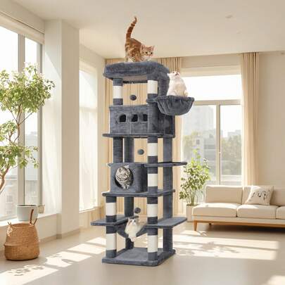 HEXCELEN Cat Tree, 67" Large Tall Cat Tower For Indoor Cats, Multi-Level Cats House With Condo, 8 Scratching Posts, Hammock, 4 Pom Poms, Light Grey
