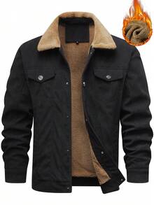 Jaqueta casual masculina de manga comprida com lapela e cor contrastante, outono/inverno - Preto - Ver 1