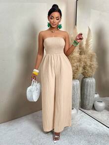 Women's Summer Sexy Vacation Retro Pattern Print Ruched Tube Wide-Leg Jumpsuits (Random Print) - 杏色 - 查看 4