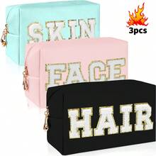 3PCS Set Waterproof Cute Women Teen Girls Preppy FACE HAIR SKIN Chenille Letter Patches Makeup Bag Travel Cosmetic Pouch Skincare Face Cosmetic Bag Toiletry Bag Hair Products Stuff Pouch Makeup Travel Toiletry Organizer Essentials Gifts Storage Zipper Accessories Nail Bags, Makeup Bag, Vanity, Make Up Bag, Storage, Makeup Bags, Toiletry Bag , Ladies' Travel Grooming Bag, Chenille Letter Cosmetic Bag, PU Leather Waterproof Bag, Cute Zipper Storage Bag, Suitable For Skin, Hair And Facial Care Bags, Travel Storage Overnight Bag, Large Capacity Convenient Business Travel Bag Bathroom Bathing Beauty And Health Convenient Small Fragrance Makeup Bag. Unique Travel Makeup Bag, Cosmetics Storage Bag, Compartment With Removable Makeup Brush, Internal Double-Sided Transparent Storage Compartment, Portable Toilet Bag, Large Capacity Storage, Multi-Functional Beauty Storage Bag, Bathroom Toilet Bag, - 彩色 - 查看 14