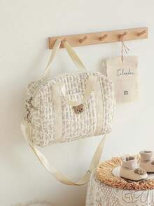 1 件绗缝碎花和熊图案手提包，田园妈妈婴儿车挂袋，便携式多功能孕妇尿布包，适合户外使用