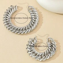 1 套极简主义银色金属链项链和手链 2 件，夸张个性化锁骨链小众高端女士珠宝 - 銀色單扣項鍊 - 查看 6