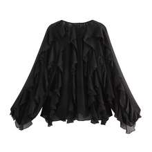 HZXVIC Women's New Autumn French Style Multi-Layer Ruffle Sheer V-Neck Drape Long Sleeve Blouse - Black - View 6