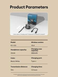 HYUNDAI HY-Y01 Bluetooth Earphones, Half In-Ear, High-Definition Surround Sound Quality, Sensitive Microphone, Voice Call, LED Power Display, Music, Sports, Gaming, Low Latency, Long Battery Life, Comfortable Fit, Wireless Earbuds Compatible With Smartphones & Computers - Black - View 11