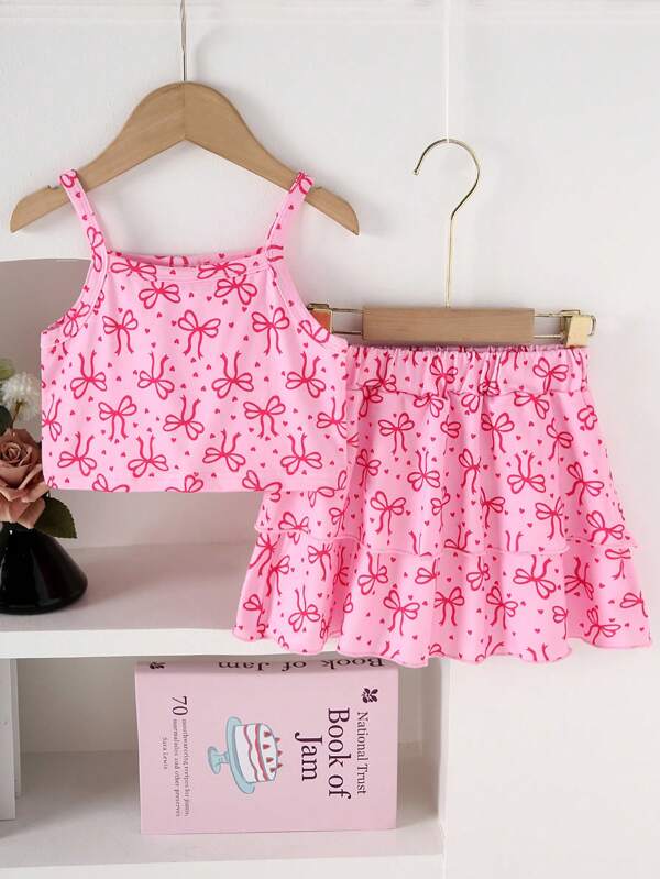 2pcs Set Young Girls Casual Butterfly Print Pattern Soft Sleeveless Vest Top And Skirt Outfit, Suitable For Outdoor Wear, Spring/Summer