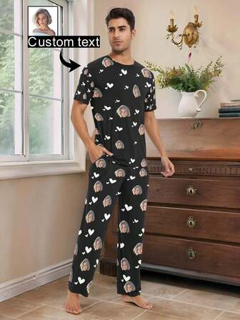Pijama corto personalizado de manga corta para hombres con estampado divertido, impresión de foto retrato personalizada, regalo, novedoso, caricatura de cabeza grande, reemplazo de rostro, tela ligera transpirable de secado rápido y suave, lencería, moda, pijamas navideños, regalos ideales para familia y amigos en la sala de estar, dormitorio, para Navidad, para vacaciones, coloridos, lindos, sencillos, divertidos, personalizados, únicos, pijamas personalizados, regalos ideales para él, novio, dormitorio, bodas, aniversarios, cumpleaños, vacaciones
