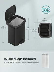 Kitchen Bin, 50L Rubbish Bin, Metal Waste Pedal Bin With Lid, Tall And Large, Black - Black - View 2