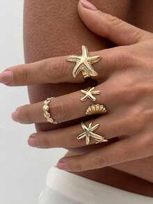 4 件套波西米亚风贝壳和海星可调节金属戒指套装，独特的海洋主题合金女士指环，适合日常佩戴、海滩度假以及送给女朋友、朋友或最好的朋友