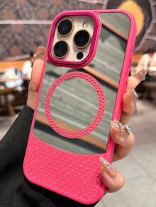 Capa de celular luxuosa com espelho magnético e strass 2 em 1, compatível com iPhone 16, 15, 14, 13, 12, 11 Pro Max e 16 Pro Max, capa traseira magnética com carregamento sem fio e à prova de choque - Rosa Quente - Ver 2
