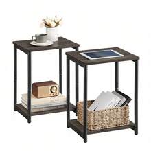 Set Of 2 Side Tables, 2-Tier Sofa Side Tables, Bedside Tables With Steel Frames, For Living Room, Bedroom, Home Office, Industrial Style, Chestnut Brown - 灰色 - 查看 7